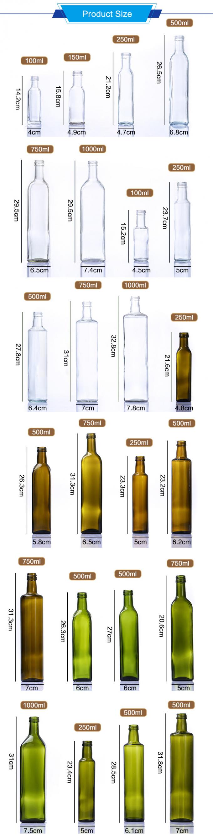 Bottiglie di vetro piatte di olio d'oliva da 500 ml a 750 ml con tappo a sughero o a vite 0