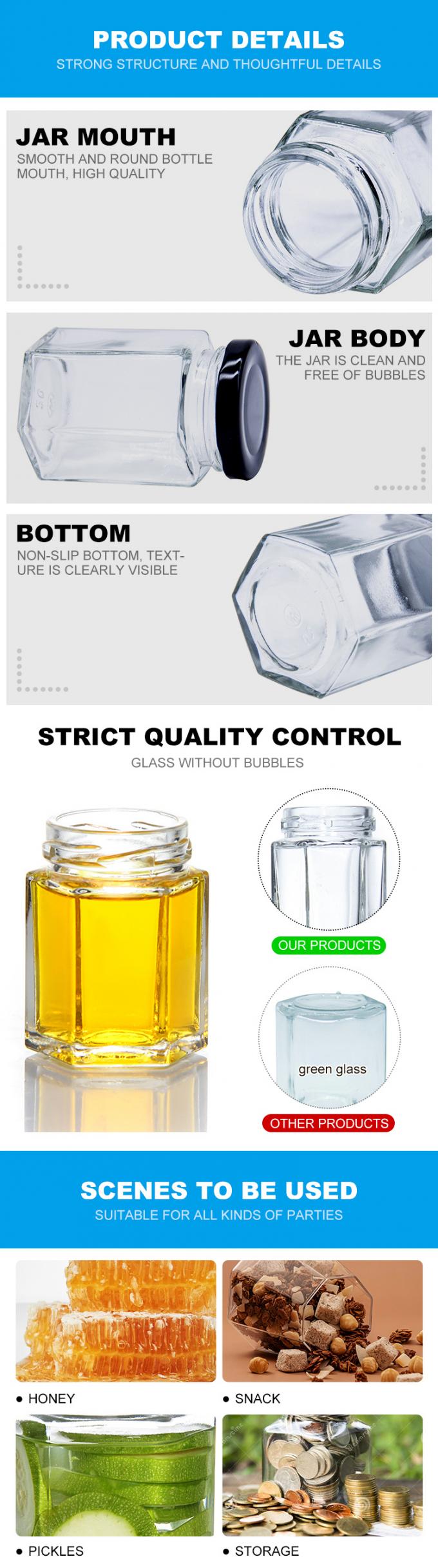 Bottine di miele in vetro a forma esagonale da 250 ml a 300 ml a 400 ml a 500 ml 3