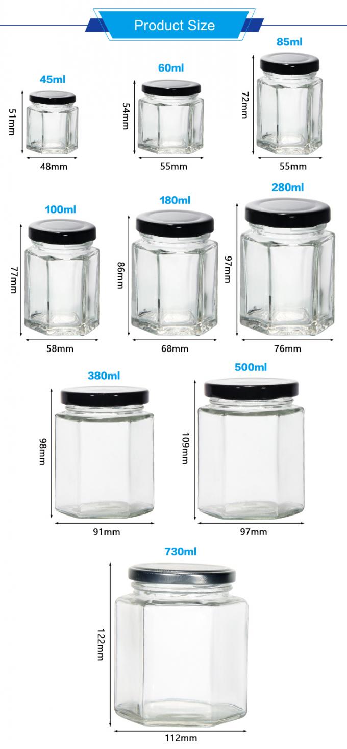Bottine di miele in vetro a forma esagonale da 250 ml a 300 ml a 400 ml a 500 ml 2