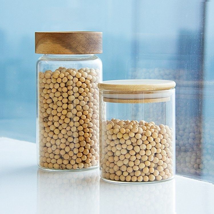 Eco-compatibile alimenti ad alto borosilicato barattoli di vetro a tenuta stagna per la cucina con coperchio in legno di bambù