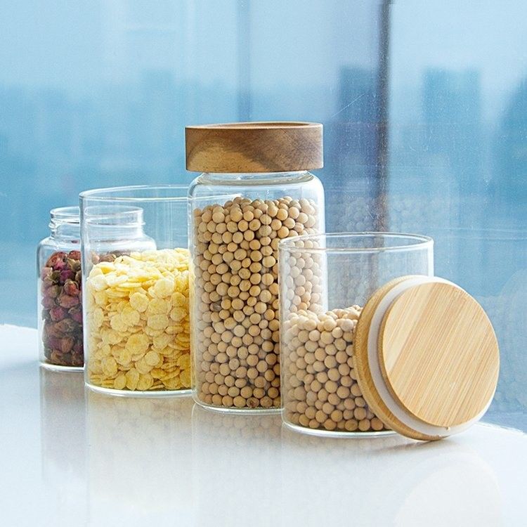 Eco-compatibile alimenti ad alto borosilicato barattoli di vetro a tenuta stagna per la cucina con coperchio in legno di bambù