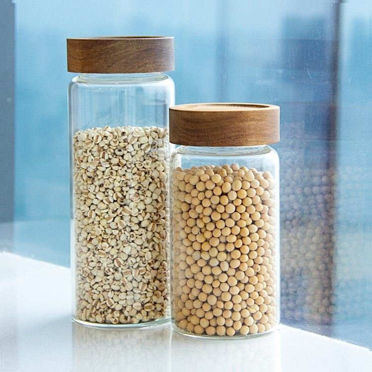 Eco-compatibile alimenti ad alto borosilicato barattoli di vetro a tenuta stagna per la cucina con coperchio in legno di bambù