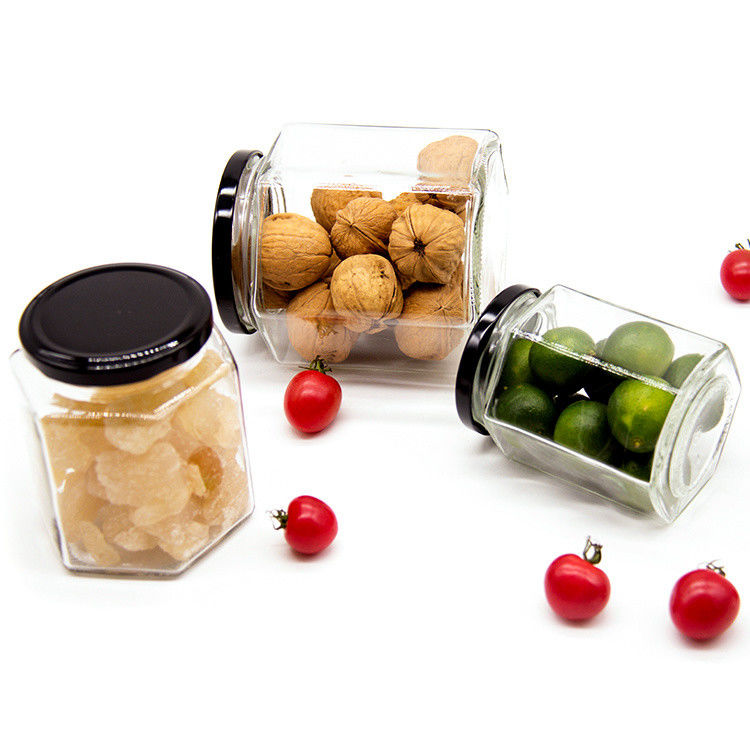 Logo personalizzato 100 ml 180 ml 280 ml 380 ml Salsa di marmellata Contenitore Bottiglie di vetro Chiare Vaso esagonale di vetro di miele