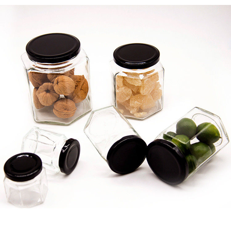 Logo personalizzato 100 ml 180 ml 280 ml 380 ml Salsa di marmellata Contenitore Bottiglie di vetro Chiare Vaso esagonale di vetro di miele