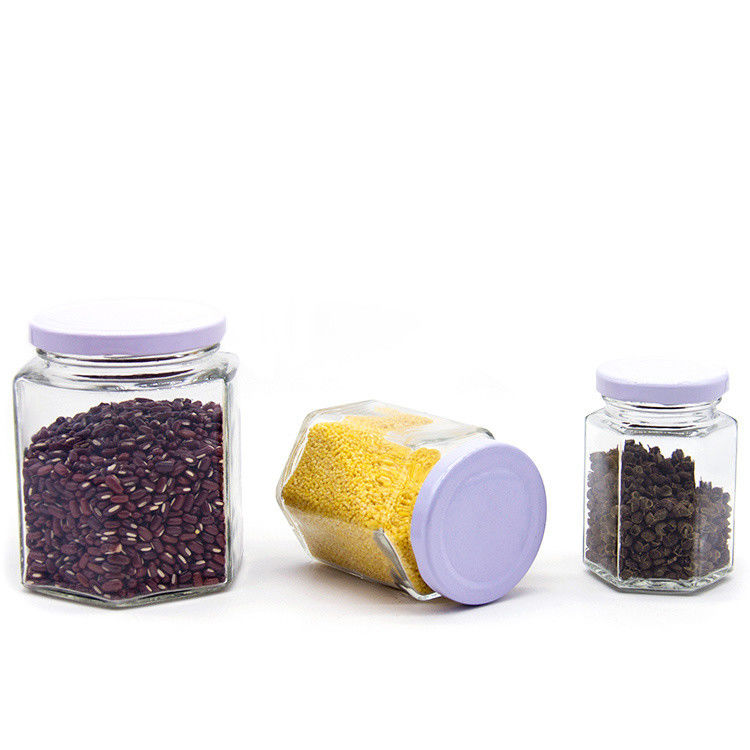 Logo personalizzato 100 ml 180 ml 280 ml 380 ml Salsa di marmellata Contenitore Bottiglie di vetro Chiare Vaso esagonale di vetro di miele