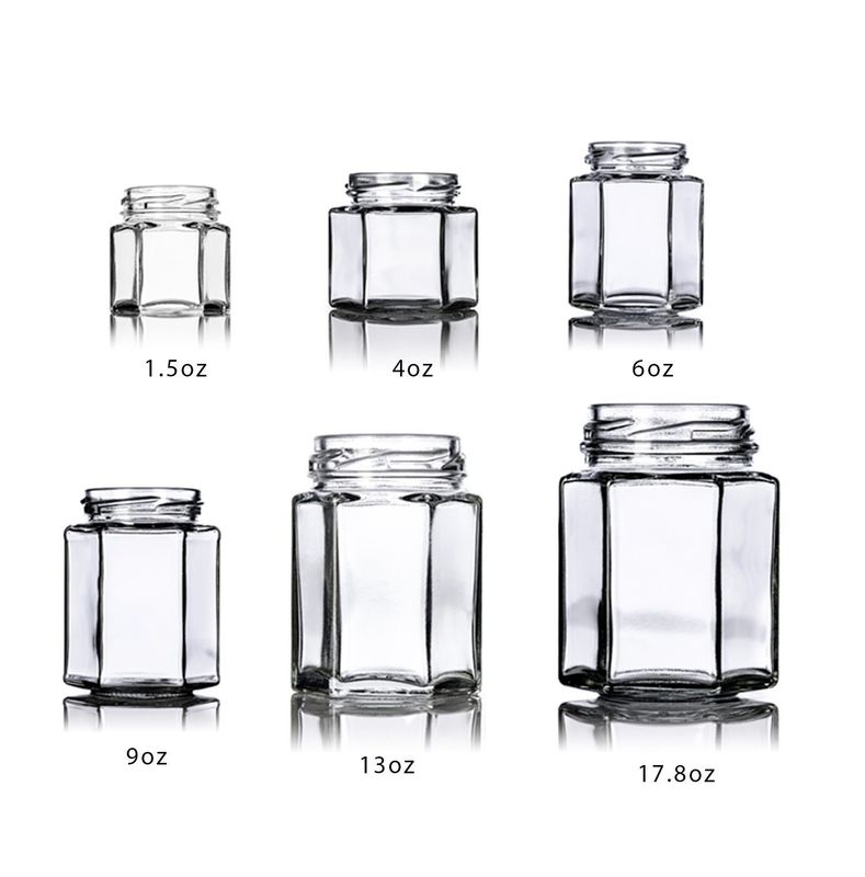 Logo personalizzato 100 ml 180 ml 280 ml 380 ml Salsa di marmellata Contenitore Bottiglie di vetro Chiare Vaso esagonale di vetro di miele
