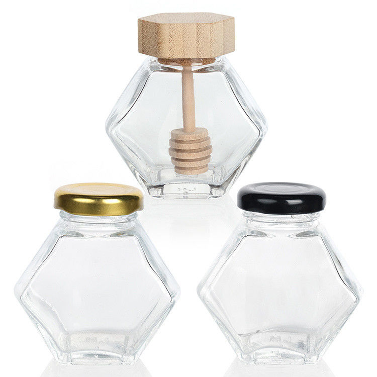 Hexagon Spessore di alimenti trasparenti in diverse dimensioni Bottine di miele di vetro con coperchi di metallo sigillati