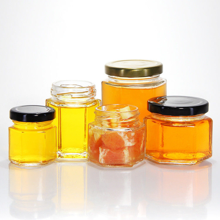 300ml 200ml 100ml Wholesale Hexagon Glass Mason Jar Jam Jar Honey Jar Con Capo a vite Metallico