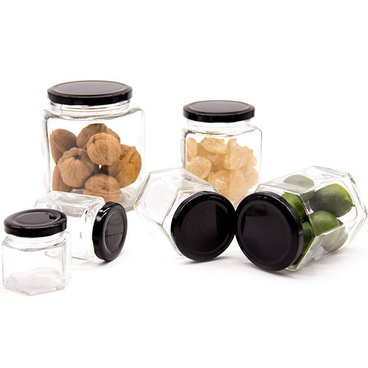 300ml 200ml 100ml Wholesale Hexagon Glass Mason Jar Jam Jar Honey Jar Con Capo a vite Metallico