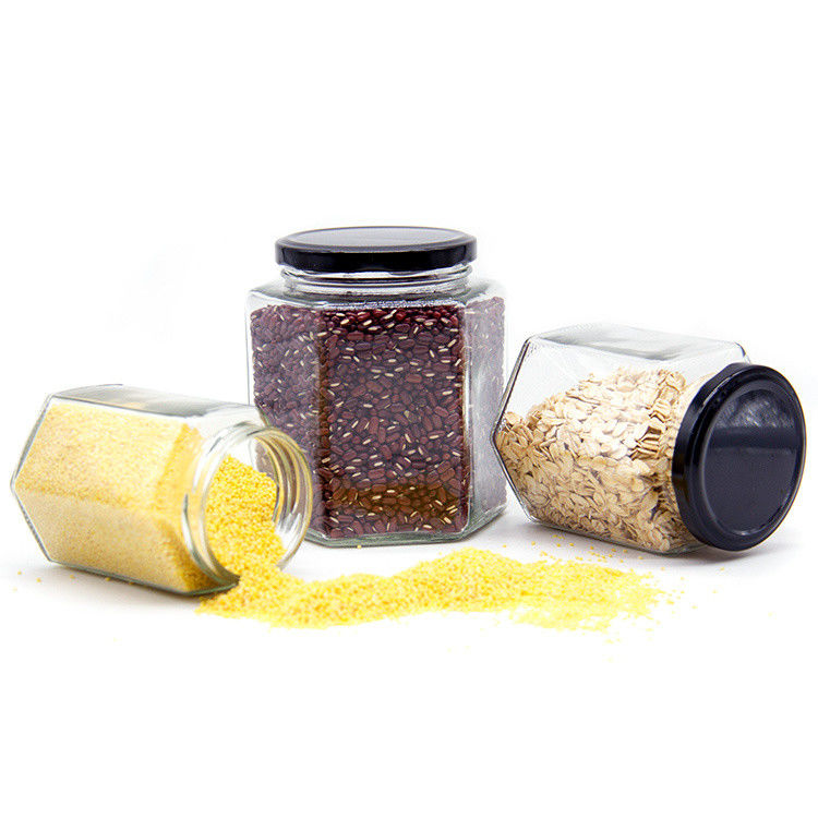 300ml 200ml 100ml Wholesale Hexagon Glass Mason Jar Jam Jar Honey Jar Con Capo a vite Metallico