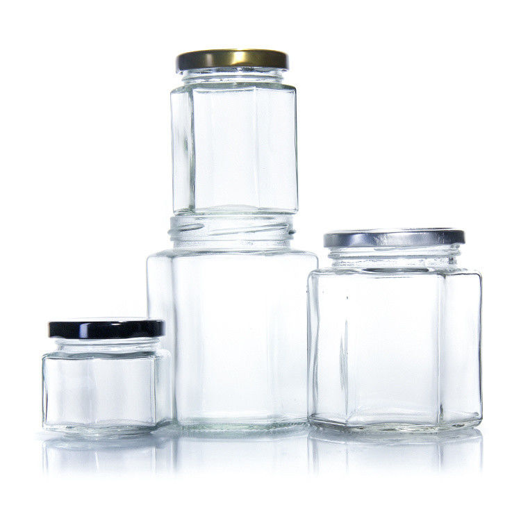 300ml 200ml 100ml Wholesale Hexagon Glass Mason Jar Jam Jar Honey Jar Con Capo a vite Metallico