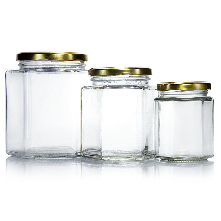 300ml 200ml 100ml Wholesale Hexagon Glass Mason Jar Jam Jar Honey Jar Con Capo a vite Metallico