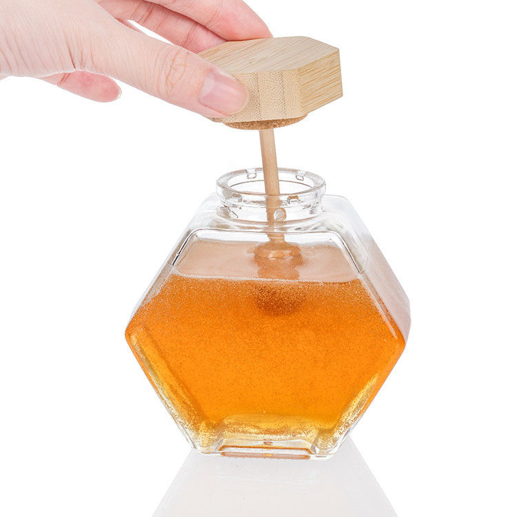 Forma esagonale Vaso da cucina in vetro trasparente con coperchio in acciaio inox o coperchio trasparente