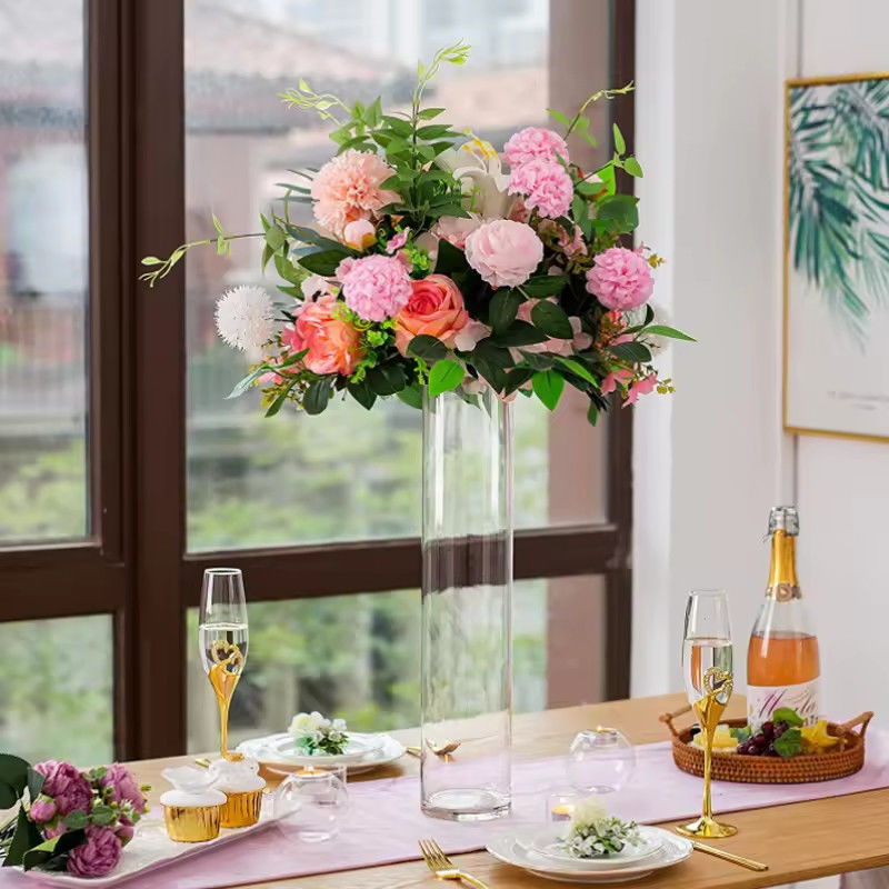Vaso di fiori in vetro trasparente a cilindro idroponico per decorazioni alberghiere Cerimonia di nozze