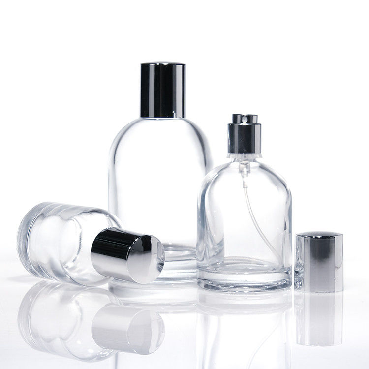 Flasche di profumo di vetro rotondo di lusso da 30 ml 50 ml 100 ml con pareti spesse quadrate con tappi di legno e scatole di design personalizzato