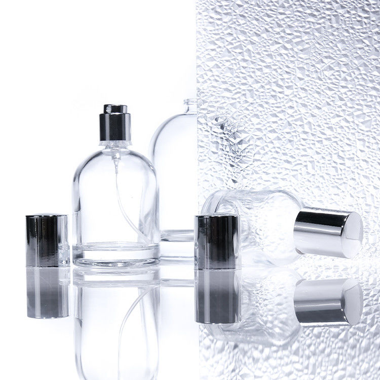 Flasche di profumo di vetro rotondo di lusso da 30 ml 50 ml 100 ml con pareti spesse quadrate con tappi di legno e scatole di design personalizzato