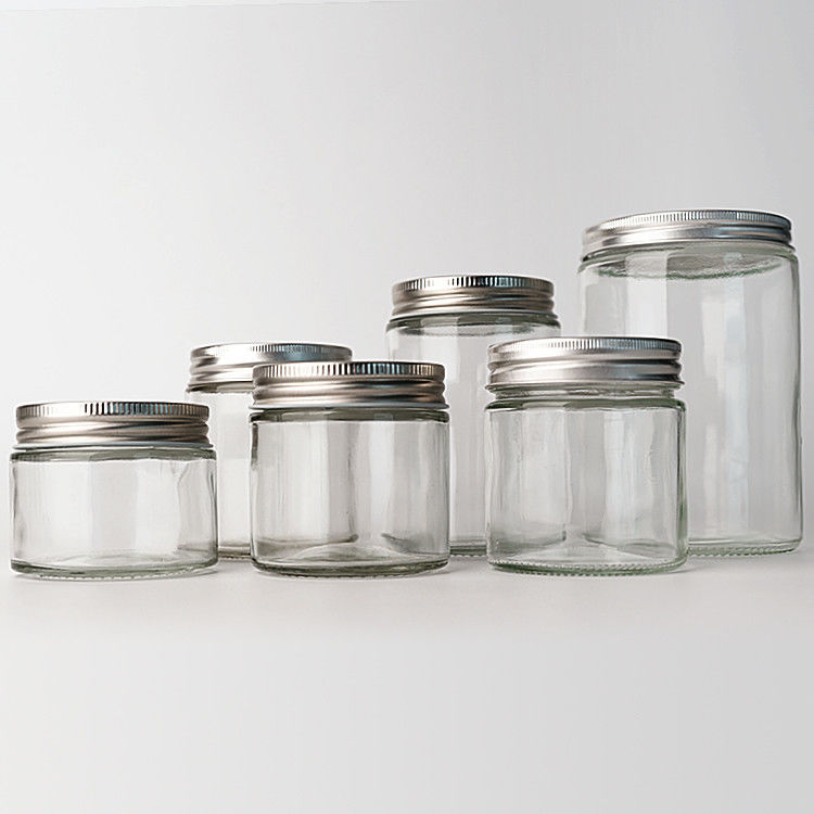 Vaso vetro chiaro rotondo lato retto 4oz 8oz 12oz 20oz barattolo di vetro contenitore alimentare con coperchio metallico profondo
