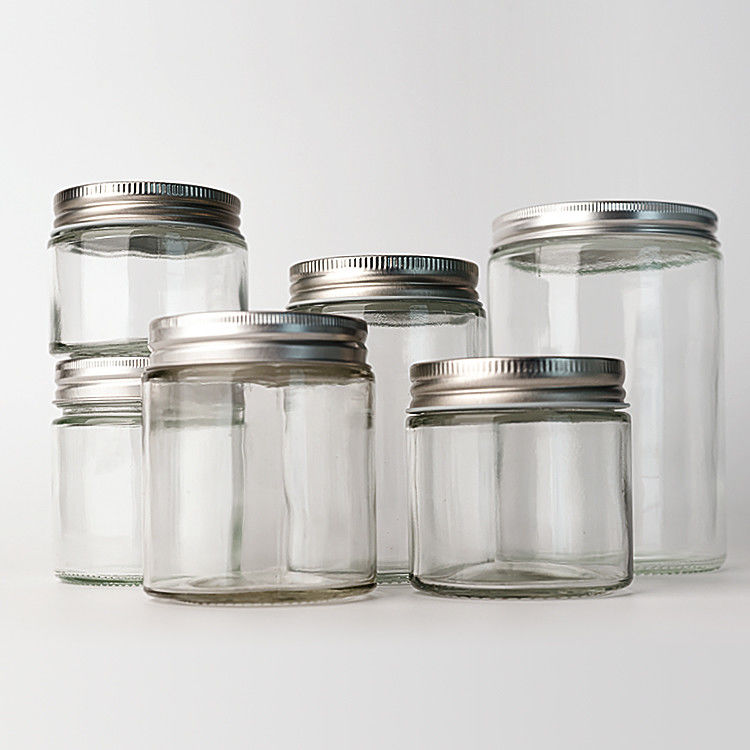 Vaso vetro chiaro rotondo lato retto 4oz 8oz 12oz 20oz barattolo di vetro contenitore alimentare con coperchio metallico profondo