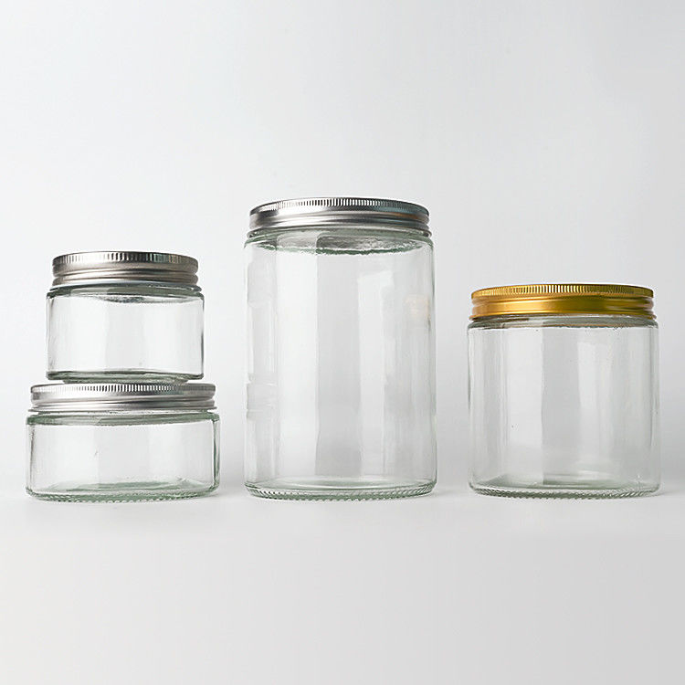 Vaso vetro chiaro rotondo lato retto 4oz 8oz 12oz 20oz barattolo di vetro contenitore alimentare con coperchio metallico profondo